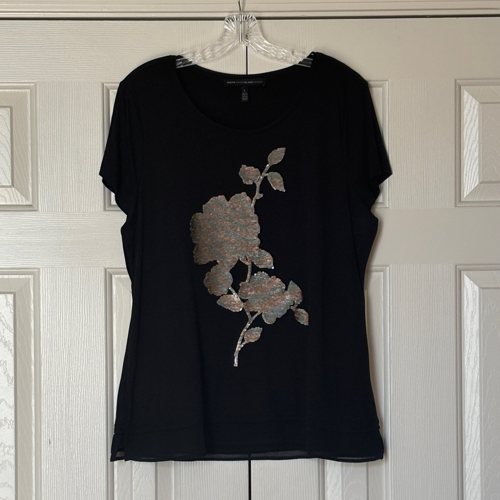WHBM Black Floral Gold Sequin Graphic Tee